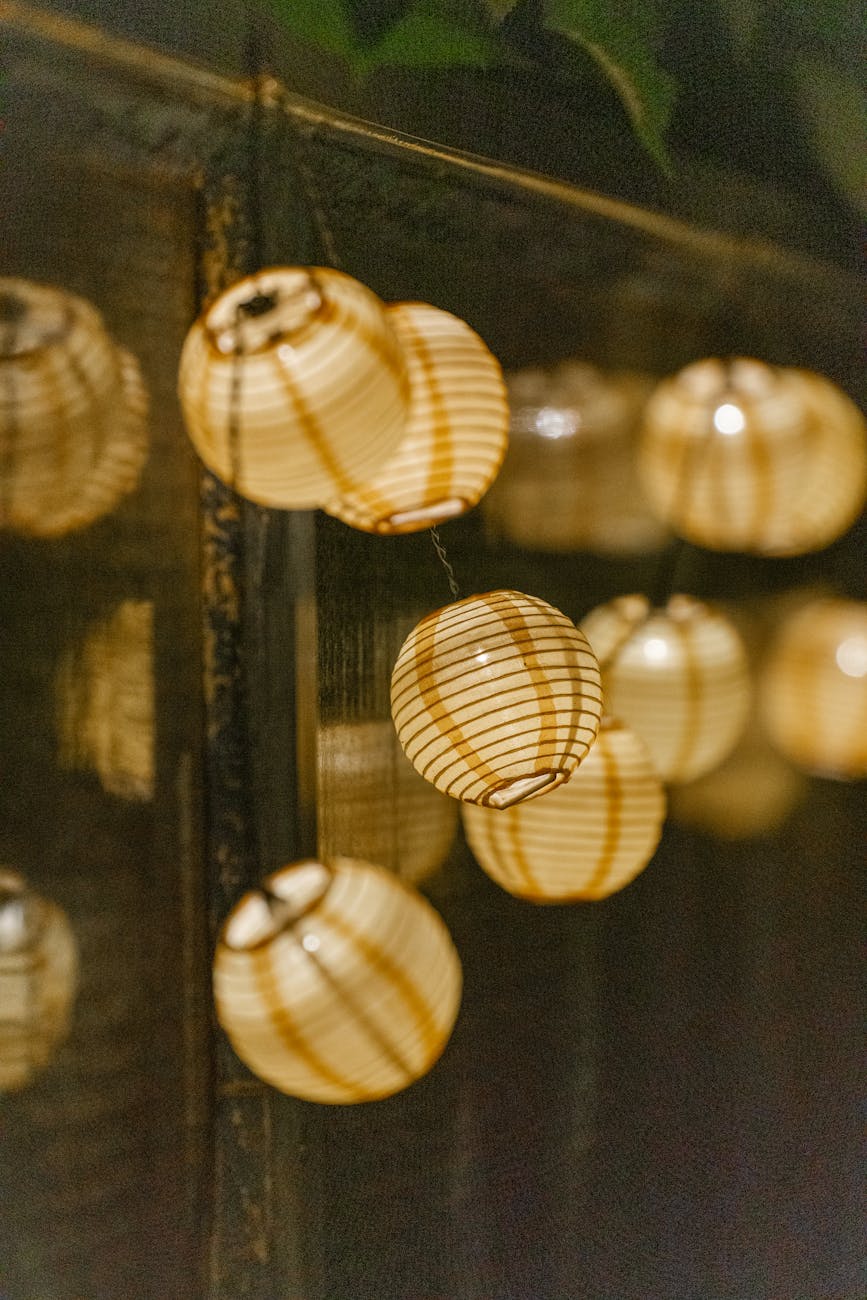 close up of illuminated lanterns